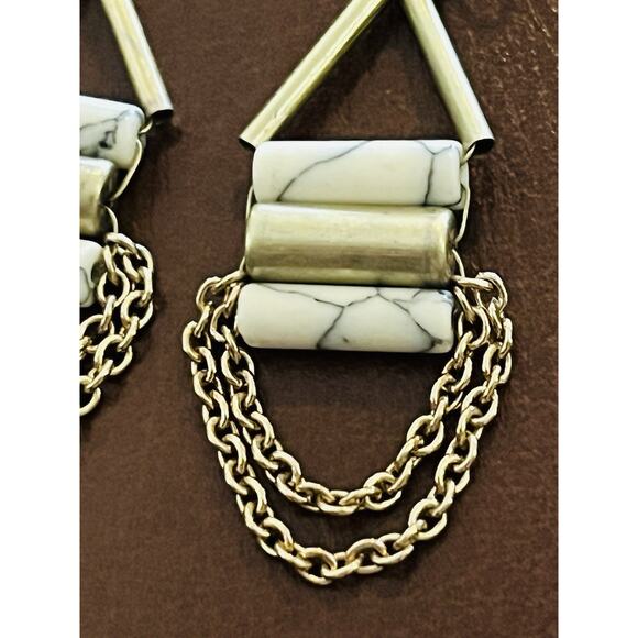 White Howlite Earrings Jewelry Triangle Chains Dangle Brass Color 3 Bars Art Dec - Picture 3 of 9